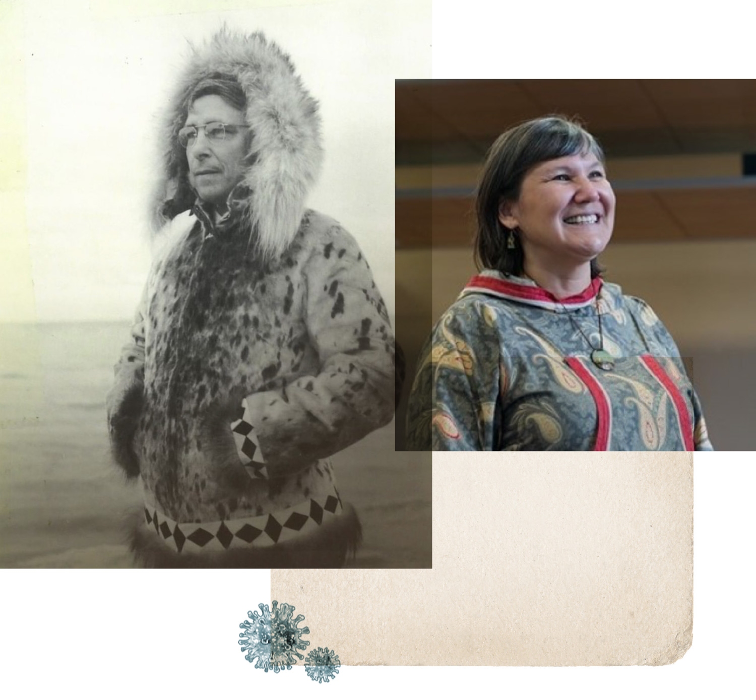 Peter Gordon Gould and Valerie Nurr’araaluk Davidson photos side by side with paper texture and two small viruses