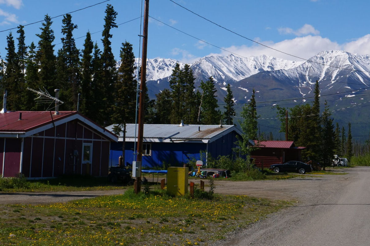 Houses with mountain in distance