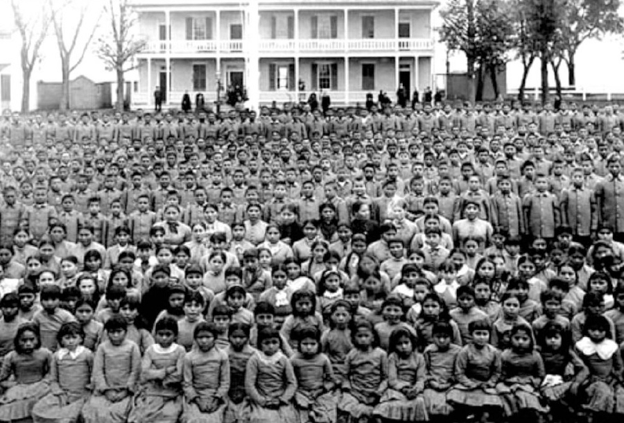 photo from about 1900 showing pupils at the Carlisle Indian Industrial School in Pennsylvania