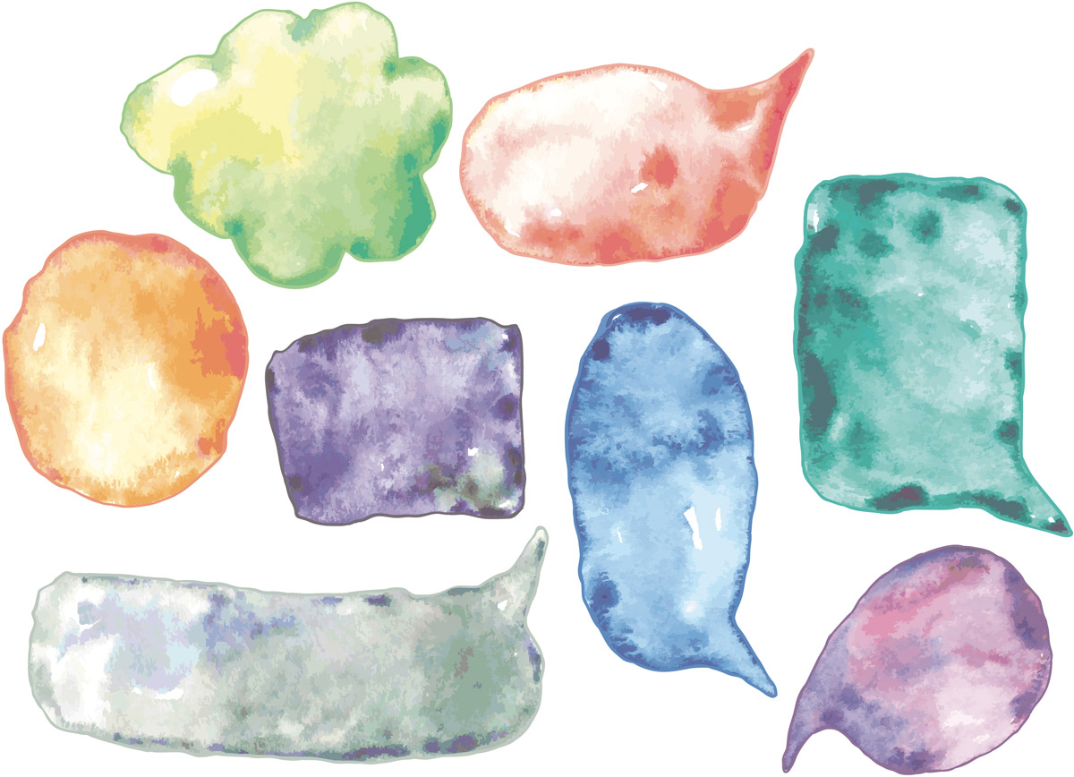 water color speech bubbles of different shapes and colors