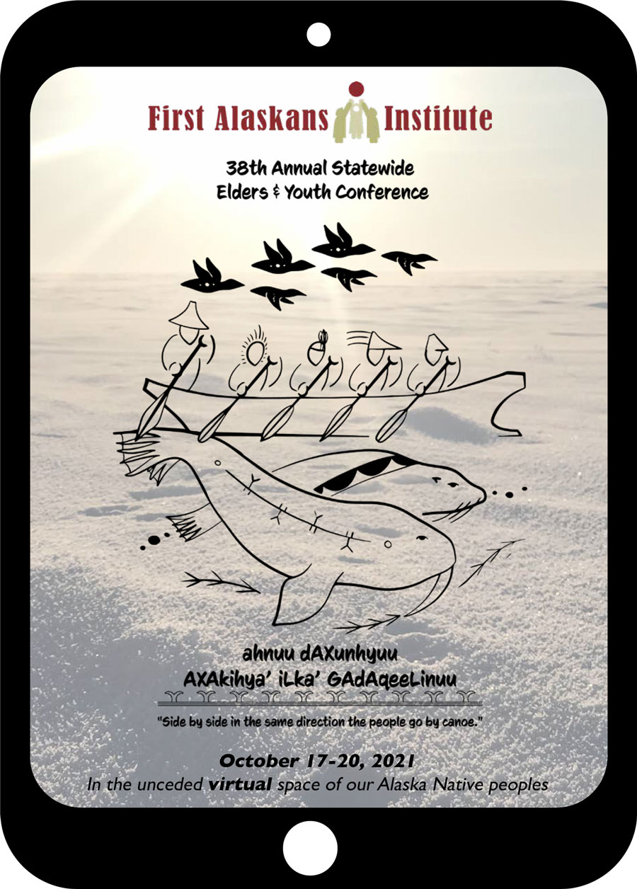 tablet icon with the First Alaskans Institute's 38th Annual Statewide Elders & Youth Conference event program on the screen