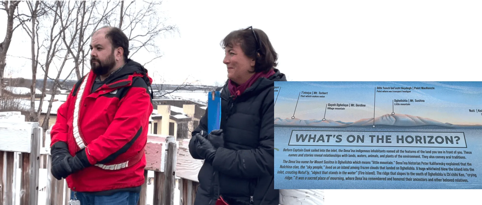 Aaron Leggett, Chief, Native Village of Eklutna, and Beth Nordland, Exec. Dir. Anchorage Parks Foundation, at the unveiling of a Dena’ina place names sign (right) at the Capt. Cook monument in Anchorage. 