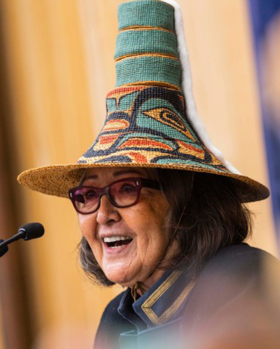 Rosita Worl wearing hat during Sealaska Heritage Institute ’s celebration ceremony