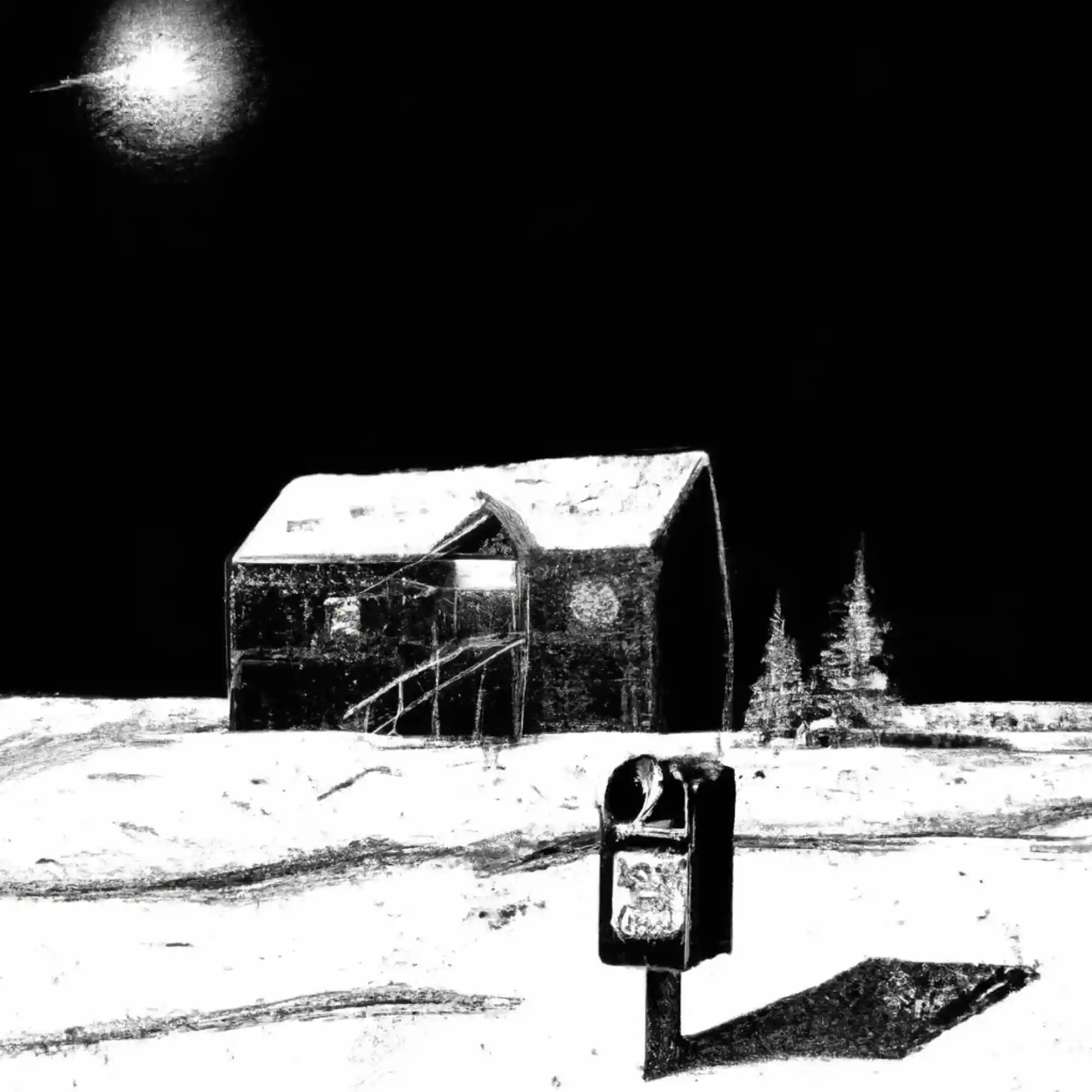 black and white illustration of an isolated house with a mailbox in front of it